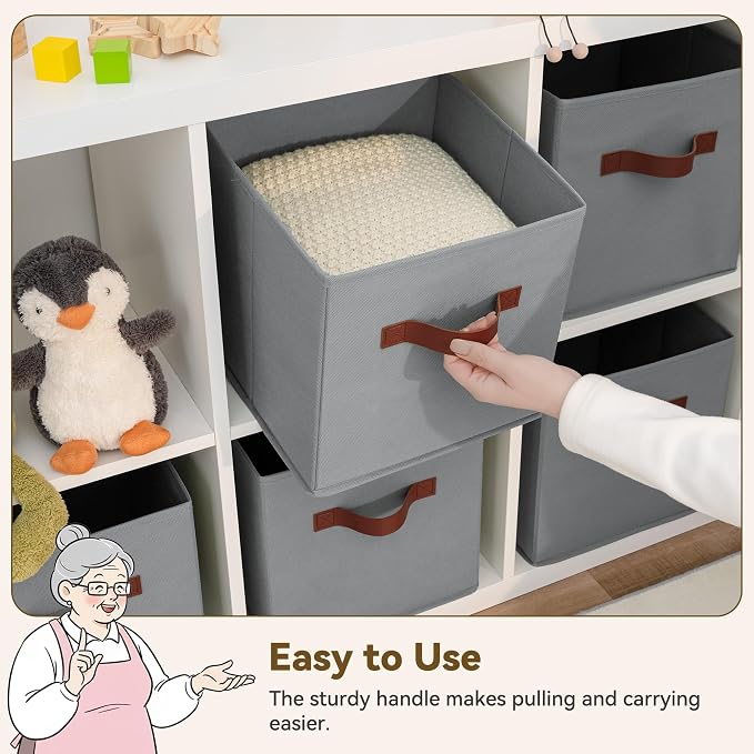 GRANNY SAYS 11 Inch Cube Storage Bins, 6-Pack Fabric Storage Bins, Grey | Collapsible Storage Boxes with Thickened Base Plate, Sturdy Handles, Decorative Baskets for Shelves, Closet