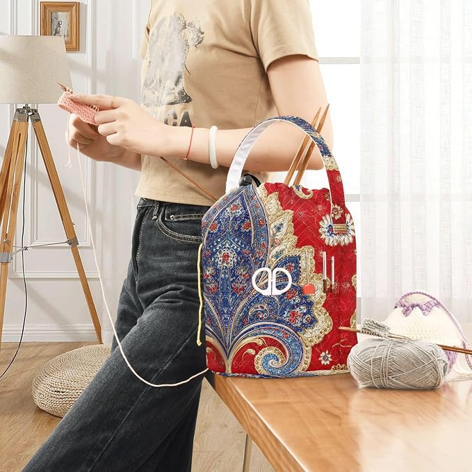 Tatenale Crochet Bag Yarn Bag Knitting Project Bag with Pockets and Handle Portable Yarn Storage Organizer Tangle Free 8.3x11 InchRed Vintage Paisley29