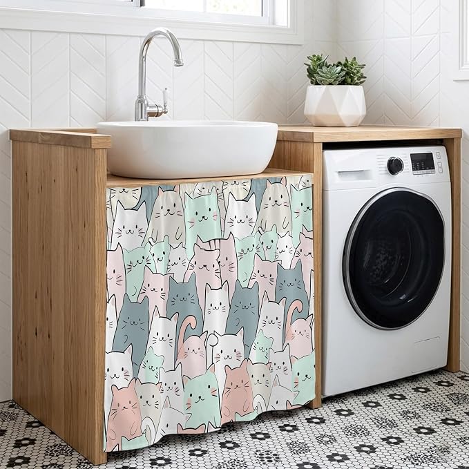 BEMIGO Cartoon Cat Cabinet Curtain 35" Wx35 L, Dustproof Under Sink Skirt with Self Adhesive Tape, Funny Cute Colorful Animal Pet Cabinet Curtain Cover for Kitchen Sink, Bathroom Vanity, Laundry Room