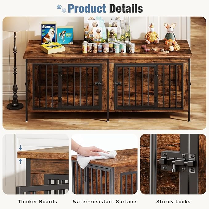 DUMOS 63" Dog Crate Furniture for 2 Dogs with Divider, Rustic Brown | Wooden Dog Kennel Furniture, Medium Breed Center Divider and Double Doors, Heavy Duty Indoor Dog Cage, TV Stand, Side Table