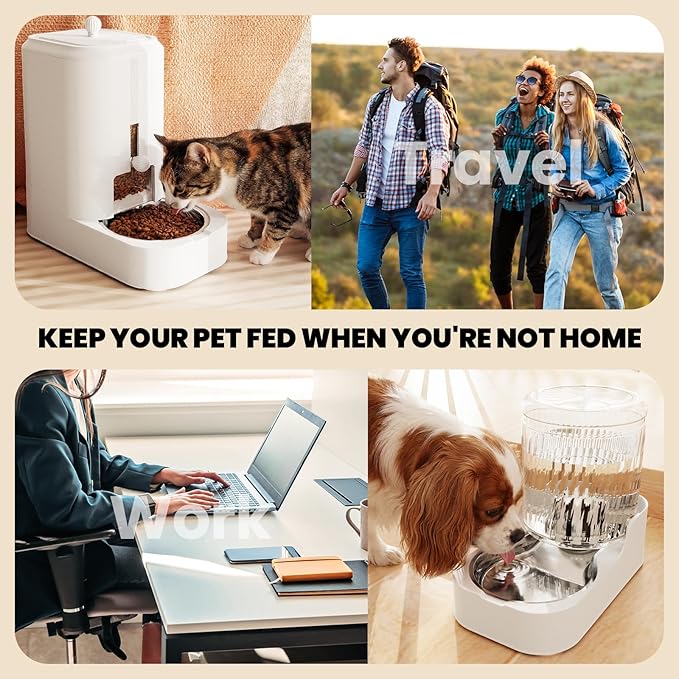 JUNSPOW Automatic Cat Feeder Dog Water Bowl Dispenser Set with Stainless Steel Bowl, Adjustable Food Dispensing & Keep Food Dry, Auto Pet Feeder and Waterer for Cats and Dogs