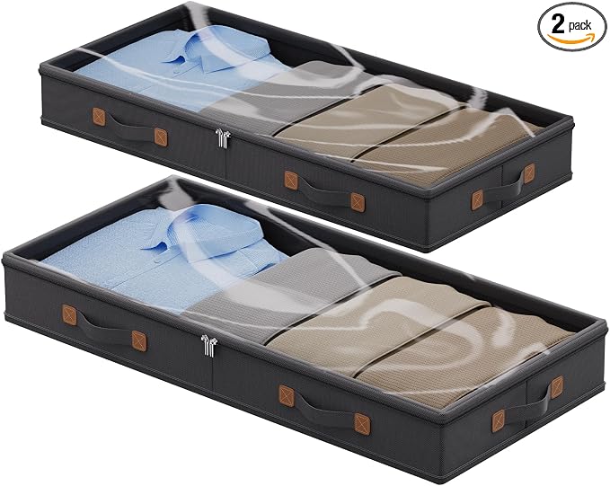 FHSQX Under Bed Storage Container 2Pack 3 Inches Low Profile Under-bed Organizer Bins Slim Under Couch Storage Box Ideal For Seasonal Clothes Blankets Towel Fabric (2, Black, 31.5 * 17 * 3in)