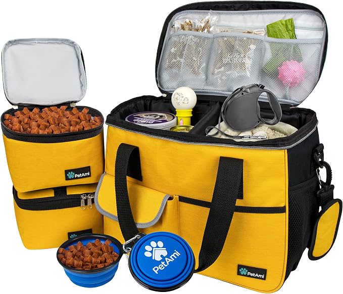 PetAmi Dog Travel Bag Organizer, Pet Supplies Diaper Tote, Yellow Medium | Pet Travel Kit with 2 Food Containers & 2 Collapsible Dog Bowls, Luggage Sleeve, Weekend Getaway Road Trip Camping Essentials