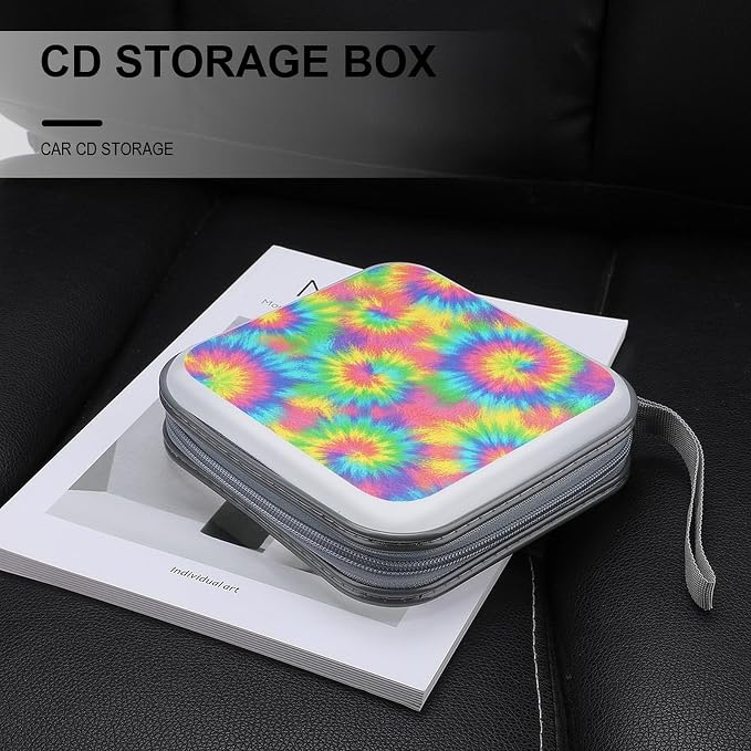 Hard Plastic 40-Disc Storage Binder Rainbow Tie Dye, Protective CD/DVD Wallet with Zipper, Portable Organizer for Movies Music