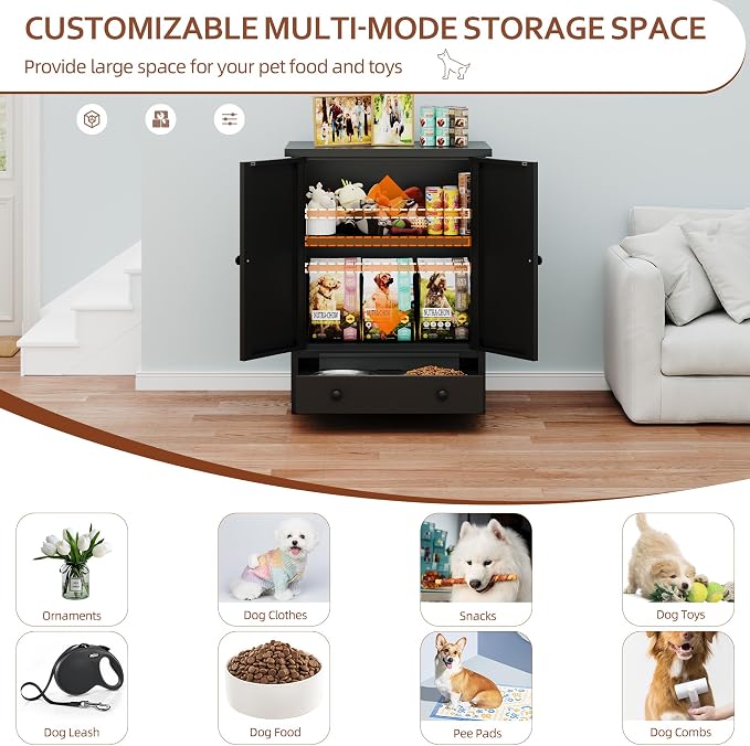 Dog Feeding Station with Storage, Metal Dog Food Storage Cabinet with 2 Elevated Bowls and 3 Hooks, Pet Feeding Station and Dogs Food Storage Organizer