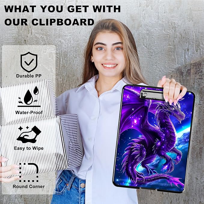 Purple Planet Dragon A4 Clipboard with Storage Pen Holder, Clipboards Organizer Nursing Clipboard Foldable File Folder Plastic Clipboard Folio Clip Board for Office Students Classroom