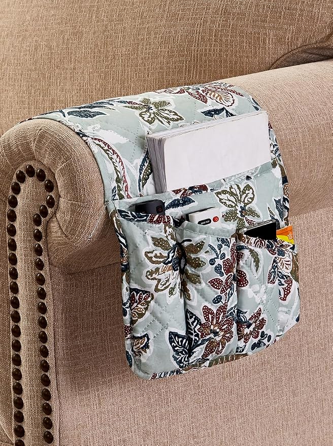 Brilliant Sunshine Vintage Green Flowers Couch Armrest Cover, 35"×13" | Washable Magazine Holder, Armrest Organizer & Caddy on Sofa, Recliner, Armchair, Storage for Remote Controls, Phone, iPad