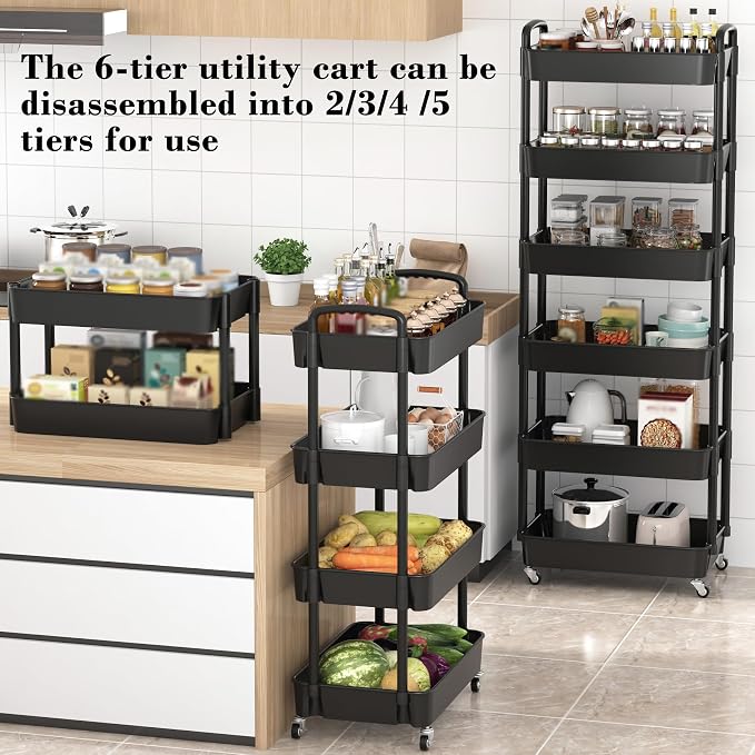 Sywhitta 6-Tier Plastic Rolling Utility Cart with Wheels for Storage,Black | Multi-Functional Storage Trolley, for Office, Living Room, Kitchen, Bathroom,Movable Organizer,Space-Saving,Easy to assemble