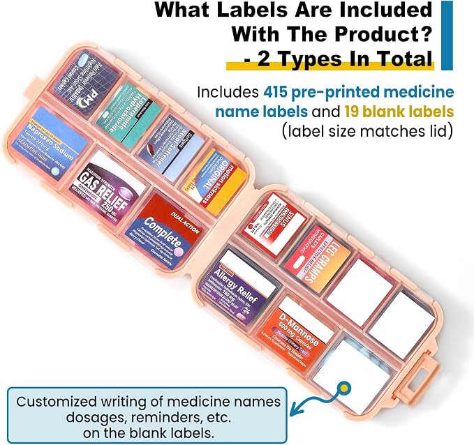 14 Grids Travel Pill Organizer Box with 415-Pcs Medicine Name Labels - Pocket Daily Pharmacy Case Container Kit - Travel Medication Holder Dispenser for Fish Oil Vitamin Supplement Storage - Pink