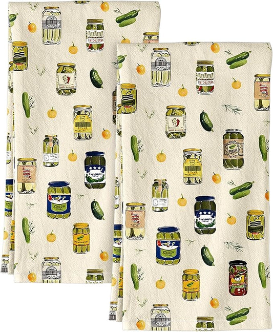 Miss Adola Flour Sack Kitchen Towels - Set of 2 Spring Dish Towels with Hanging Loop 18x26 Inch Absorbent Reusable Cotton Cloths for Cleaning Cute Design Home Decorative Housewarming, Canned Kimchi