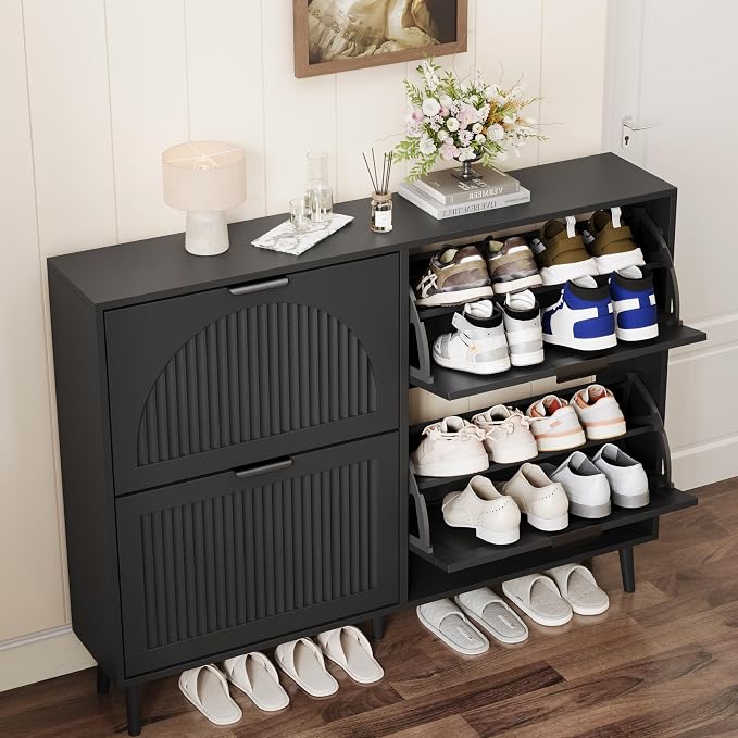 Shoe Storage Cabinet with 4 Flip Drawers, Narrow Wood Shoe Organizer Cabinet with Fluted Panel, Slim Shoe Rack for Entryway, Freestanding Shoe Cabinet for Living Room, Hallway, Black