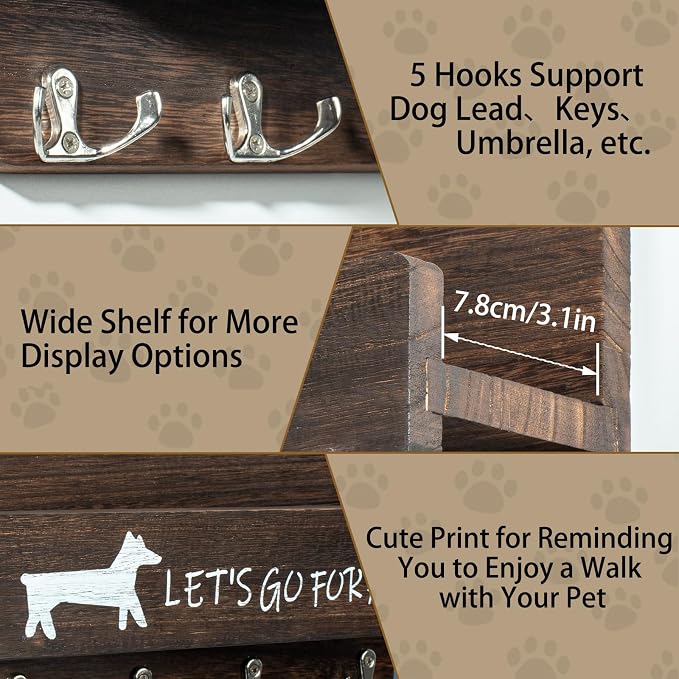 Wood Dog Leash Holder for Wall, Key Hanger with 5 Double Key Hooks | Dog Leash Hanger Wall Mounted for Entryway, Farmhouse Treats,35cm,Brown