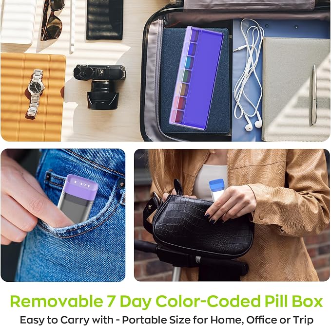 HIONXMGA Weekly Pill Organizer, Detachable 7-Color Pill Box, Easy Open | Portable Travel Pill Case Container for Daily Medication Easy Track, Privacy Protection, Built-in Quick Fill Design, Purple