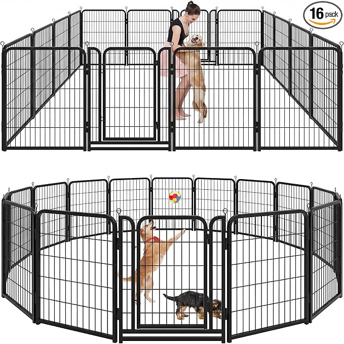 Kfvigoho Dog Playpen Outdoor Extra Wide 16 Panels Heavy Duty Dog Fence 40" | Anti-Rust Coating-Strengthened Dog Fence with Doors Portable for RV Camping Yard, Total 42FT, 140 Sq.ft, Snowy Black
