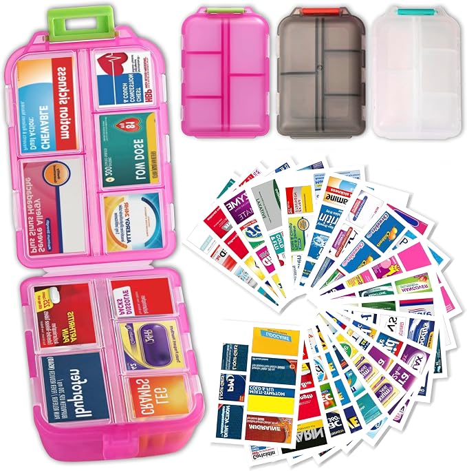 3 Pack Large Pill Organizers with Medicine Labels, Pink White Grey | Set of 3 large pill cases with 3x161 medicine labels for 7-day planning, family use, travel, and separate routines