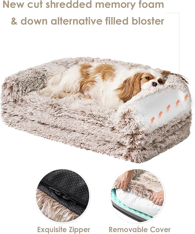 EHEYCIGA Foldable XXL Dog Bed for Large Sized Dog - 54x38x7.5, Faded Brown | Faux Fur Fluffy Pet Couch Bed, Orthopedic Calming Memory Foam Big Pet Bed, Washable Pet Sofa Bed with Non-Slip Bottom