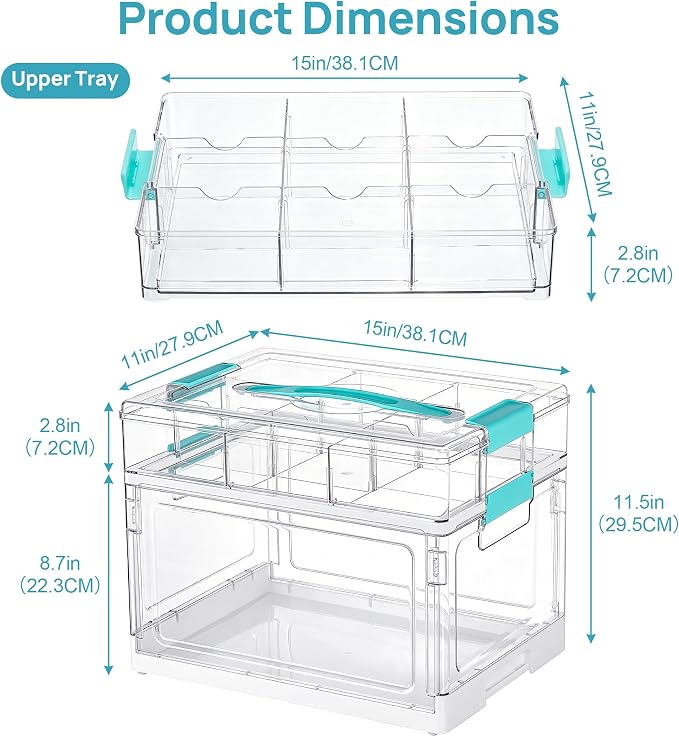 Vtopmart 32 QT Clear Craft Organizer with Removable Divider Tray, 1 Pack | Crystal-Clear PET Material, Built-In Carry Handle, Secure Locking Latches, Vertical Space Saving, 2 Layer Large Capacity