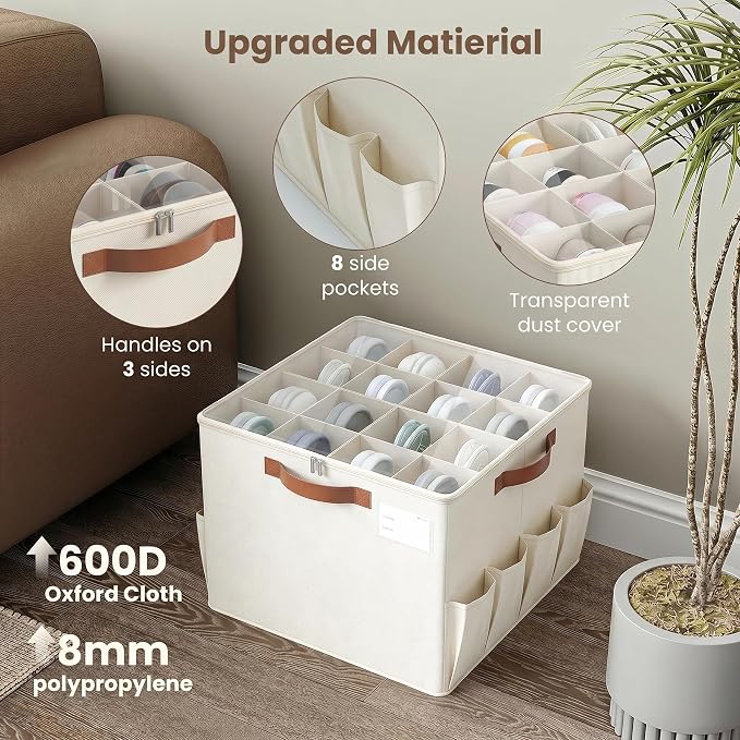 Varhomax Shoe Organizer Box for Closet, Fabric Storage Basket | Foldable Shoe Bin with Adjustable Dividers & Clear Cover, Saving Space Sneakers & Sandals Containers for Entryway, Cubby