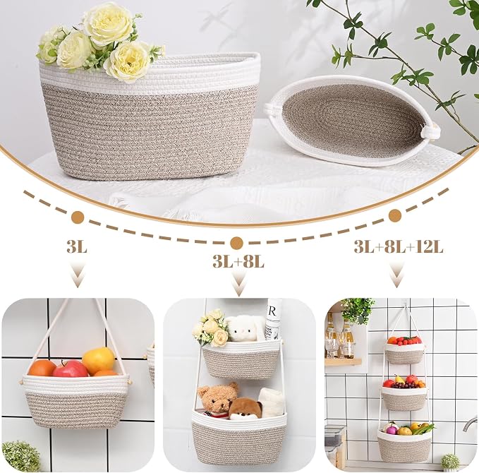 Hanging Basket, 3-Tier Woven Wall Basket with 4 Hooks, Cotton Rope Storage Baskets, Over the Door Organizer for Nursery, Bedroom, Cottage and Boho Wall Decor