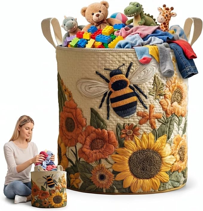 Quilted Laundry Basket with Handles, Boho Floral Fabric Storage Hamper, Large Soft Storage Hamper for Bedroom, Laundry Room, Clothes(14"x 18")
