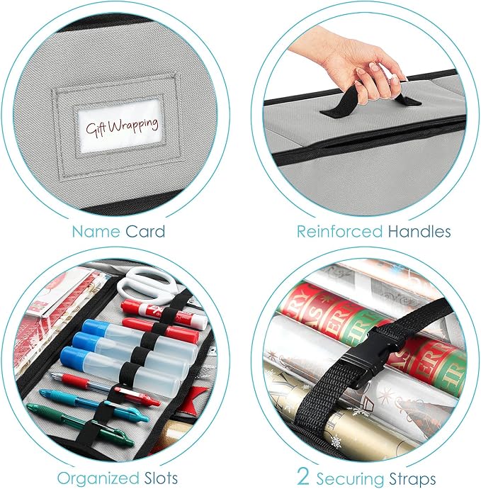 Hearth & Harbor Wrapping Paper Storage Container - Christmas Storage Bag with Ribbon Dispenser and Interior Pockets - Gift Wrap Organizer Fits Up to 26 Rolls of 40" Length, Silver