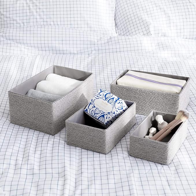 LA JOLIE MUSE Bathroom Basket Organizers, Paper Rope Storage, Grey 4 Pack