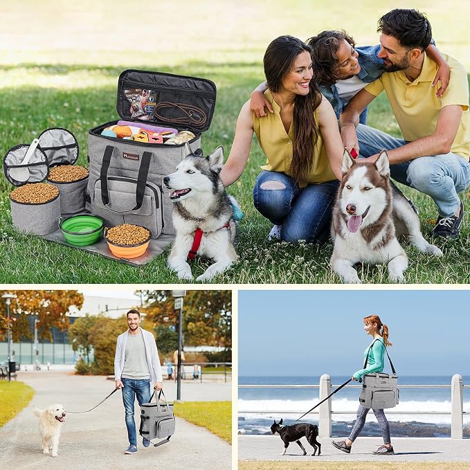 Modoker Dog Travel Organizer with 2 Collapsible Bowls for Supplies & Accessories, Airline Approved Dog Tote Pet Travel Bag with 2 Travel Food Container | Dog travel accessories set with feeding supplies, bowls, mat, and strap. Ideal for weekend trips.