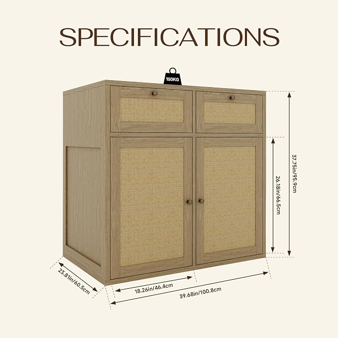 PureCozy Wooden Side Cabinet for Dog Crate Furniture, 40 Inch, Light Oak | Complementary storage unit with cane doors and 2 drawers; pairs with PureCozy dog crate furniture for indoor use.