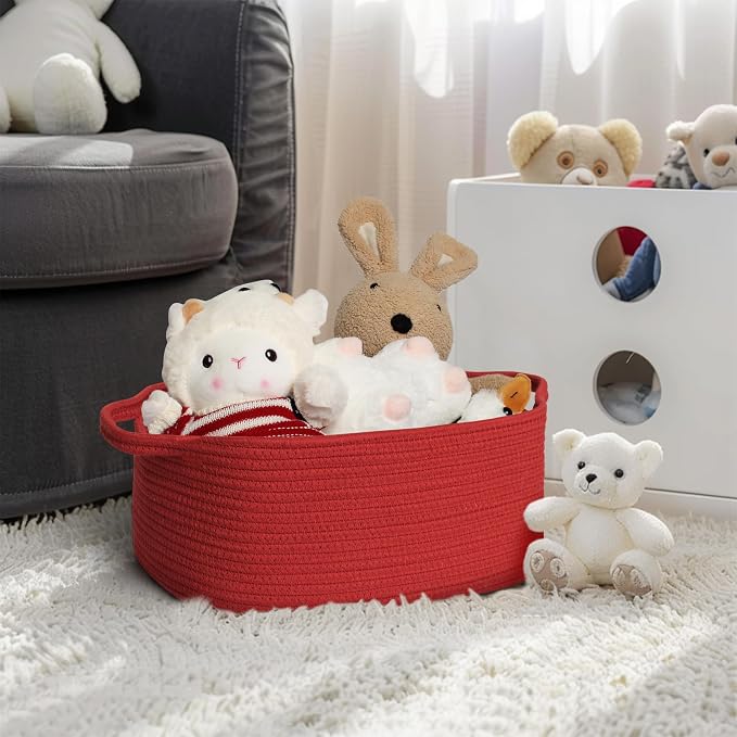 MEGASKET Red Woven Basket, 13.5” x 10” x 6” Red Empty Gift Basket to Fill, Decorative Cotton Rope Storage Bin for Organizing, Cute Baby Nursery Organizer, Rectangle Dog Toy Bin, Room Decor