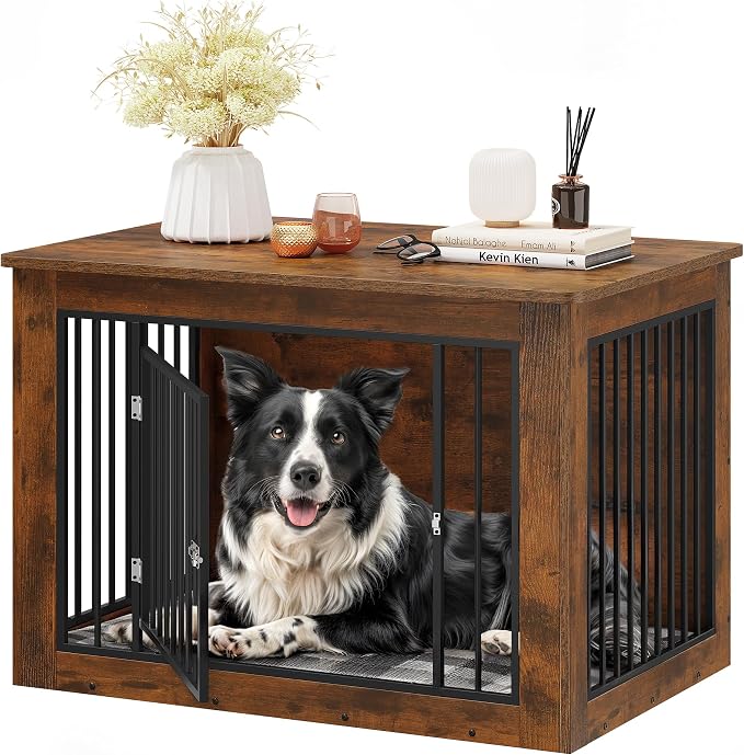 YITAHOME 38" Dog Crate Furniture 2-in-1 Iron-Wood Fusion up to 60 lb | Modern Dog Kennel Indoor Side End Table with Waterproof Top, Safety Corners, Steel Lock, Rustic Brown