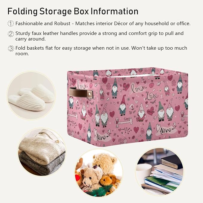 Happy Valentines Day Pink Storage Basket with Waterproof Liner and PU Handles Love Gnome Flowers Gift Storage Bins Boxes 14.2" Collapsible Decorative Organizer Baskets for Bedroom Closet Office 2 Pack