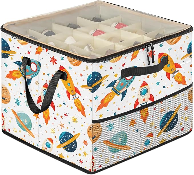 TropicalLife Outer Space Rocket Planets Shoe Organizer for Closet | Foldable Shoe Storage Box Bin 16-32 Pair Shoe Storage for Sneakers, Boots & Heels with Adjustable Dividers, Clear Cover