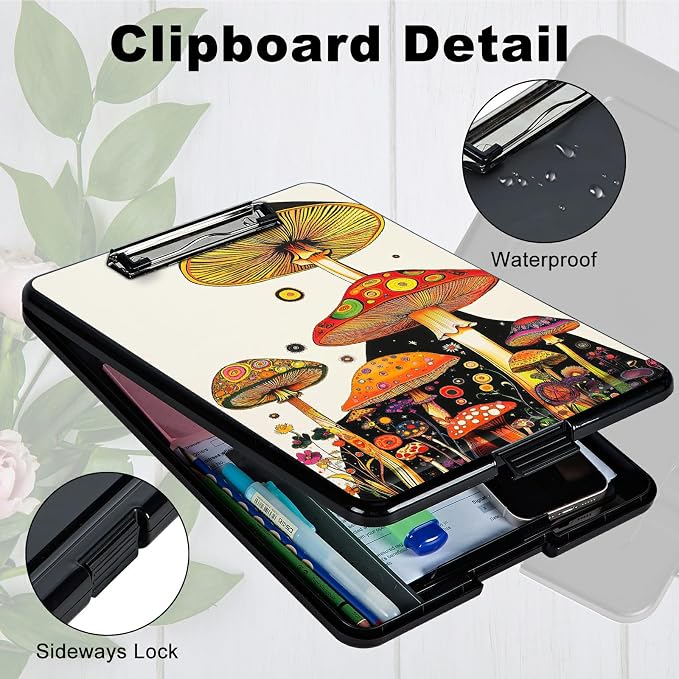 Heavy Duty Storage Clipboard, Slim Nursing Clipboard with Internal Pen Case, Portable File Organizer Case for A4 Letter Size Paper Office Medical Professionals, Mushroom Painting