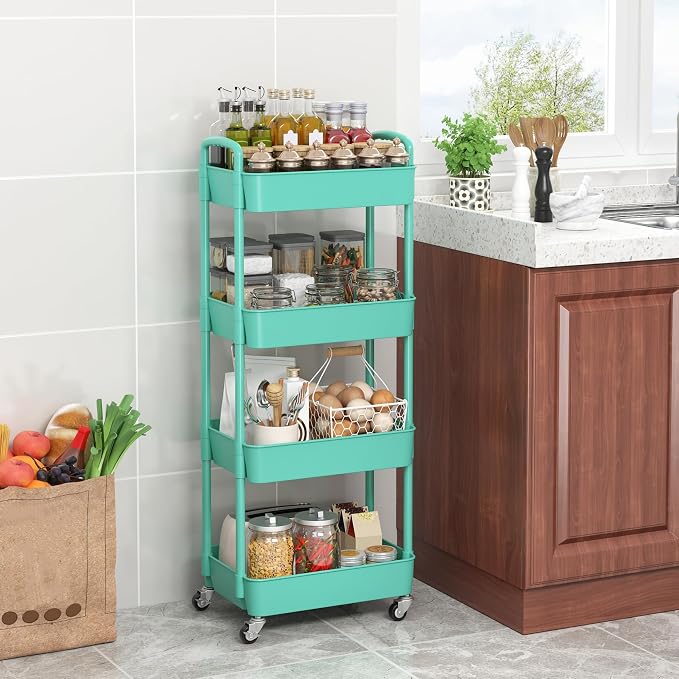 Sywhitta 4-Tier Plastic Rolling Utility Cart with Wheels for Storage,Green | Multi-Functional Storage Trolley, for Office, Living Room, Kitchen, Bathroom,Movable Organizer,Space-Saving,Easy to assemble