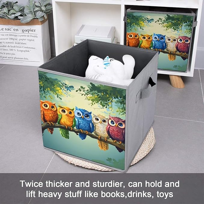 Owl Foldable Storage Bins, 10.6" Cube Storage Organizer, Sturdy Oxford Cloth Fabric Baskets for Closet, Shelf, Nursery, Bedroom, Decorative Printed Box for Toys & Clothes