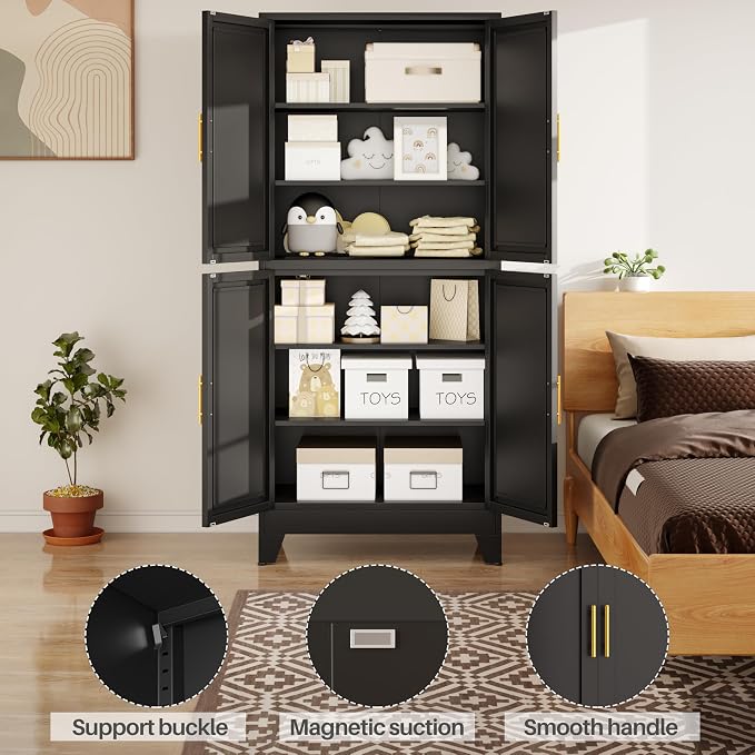 75" Tall Kitchen Pantry Cabinet, Black Metal Pantry Storage | Storage Cabinet with Doors and 3 Adjustable Shelves, Steel Storage, Bathroom cabinets Organizer, Cupboard for Home, Office