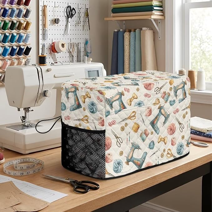 Sewing Machine Cover Polyester Febric Sewing Tool Motif Print | Dust Pet Hair Protection,Quilting Design,Fits Standard Singer,Brother Janome Machines,Protecting Decorating Your Sewing Space