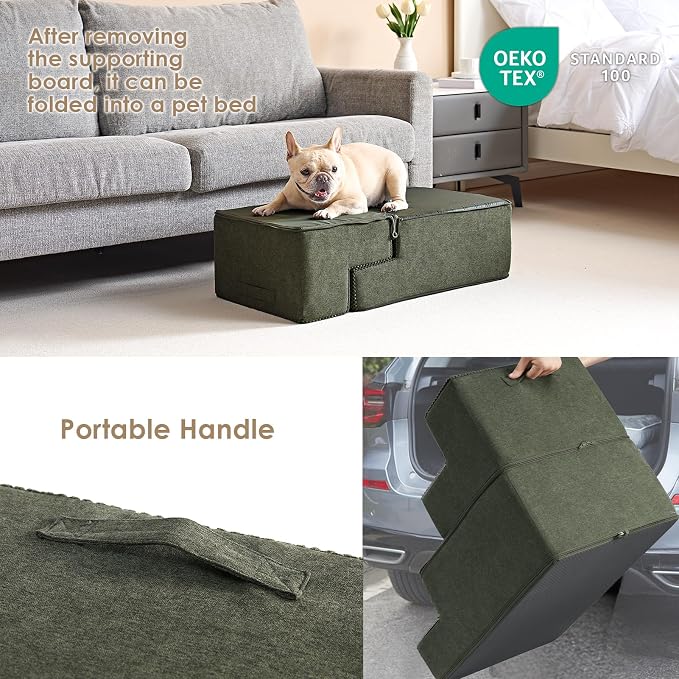 EHEYCIGA Dog Stairs for Bed 18" H, Dog 4-Steps for High Bed, Military Green | Pet Steps for Small Dogs and Cats, Non-Slip Balanced Pet Ramp Indoor