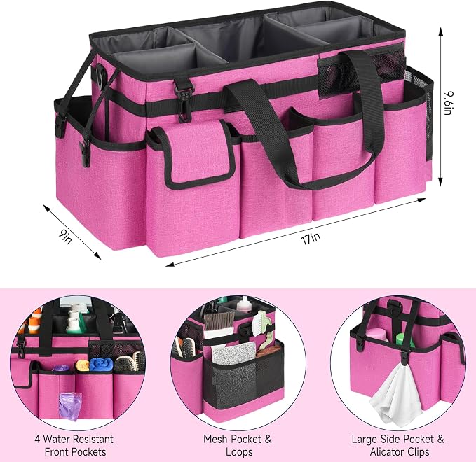 Cleaning Caddy Bag,Extra Large Cleaning Supplies Organizer with Handle for Housekeepers,Rose Red