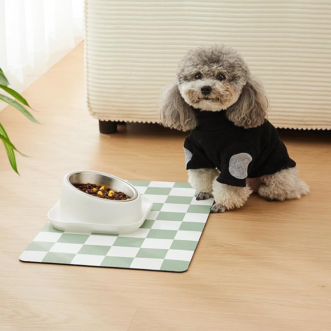 Ralxion Checkered Dog Feeding Mat, Absorbent Mats for Dog Food and Water Bowl, Dispenser, Retro Modern Aesthetic Sage Green Checkerboard Pet Placemat for Dogs, Cats, Puppy Accessories, 12" X19”