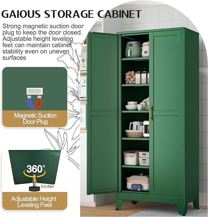 GAIOUS 75.2" Tall Kitchen Food Pantry, Metal Pantry Cabinet with 2 Door | and 5 Adjustable Shelves, Green Laundry Room Cabinets, Freestanding Pantry for Kitchen, Study Room, Dining Room and Entryway
