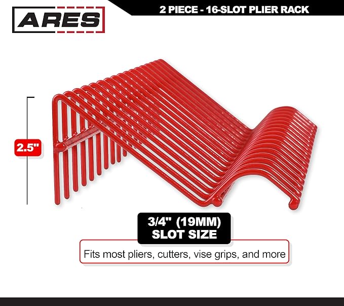 ARES 62005 2-Pc Red 16-Slot Plier Rack Set - Tool Drawer Organizer | 3/4-In Slots Fit Most Pliers; PVC Coating Prevents Slippage