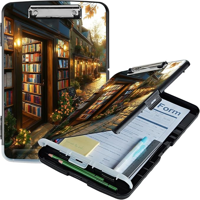 A4 Clipboard with Storage Pen Holder, Clipboards Organizer Nursing Clipboard Foldable File Folder Plastic Clipboard Folio Clip Board for Office Work Classroom Doctor, Flower Library