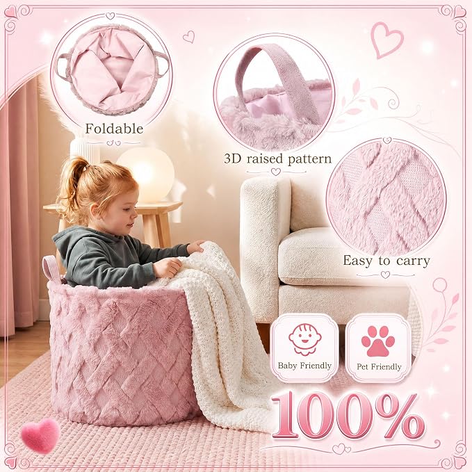LemonRoad Extra Large Basket 20"x14", Woven Basket for Laundry Blanket Toy Box with Handle Storage, Blanket Storage for Living Room Nursery Pillows Chest(Pv Plush,Diamond,Pink)