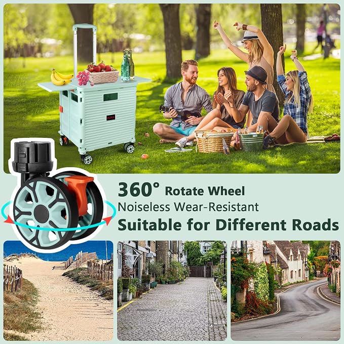 Foldable Utility Cart Collapsible Portable Crate Rolling Carts with Wheels Tote Basket with Magnetic Lid Telescopic Cover Wear-Resistant 360°Rotate Wheel Noiseless for Shopping Storage Office Use