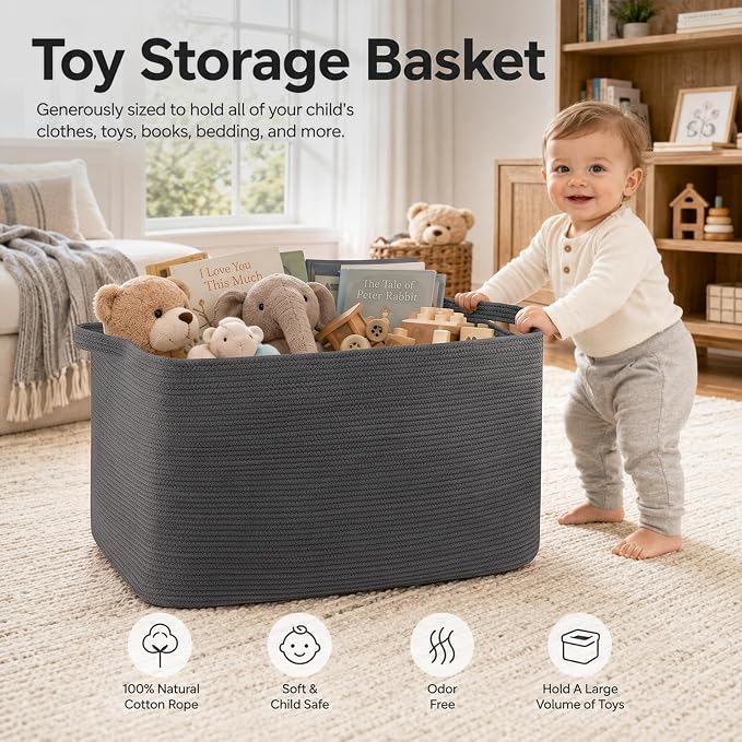 OIASKET 108L Extra Large Blanket Basket Living Room, 24.8" x 16.2" x 16.2" | Rectangle Woven Laundry Hamper, Nursery Blanket Storage Living Room, Toy Storage With Handle, Large Baskets for Organizing