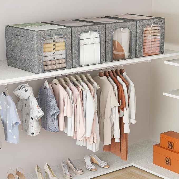 GoMaihe Clothes Storage Bins with Metal Frame for Closet, 40L 4-Pack Grey | Sweaters Hoodies Jeans T-Shirt, Closet Top Shelf Organizer, Steel Frame Collapse-Proof, Stackable, Clear Window, Dual Access