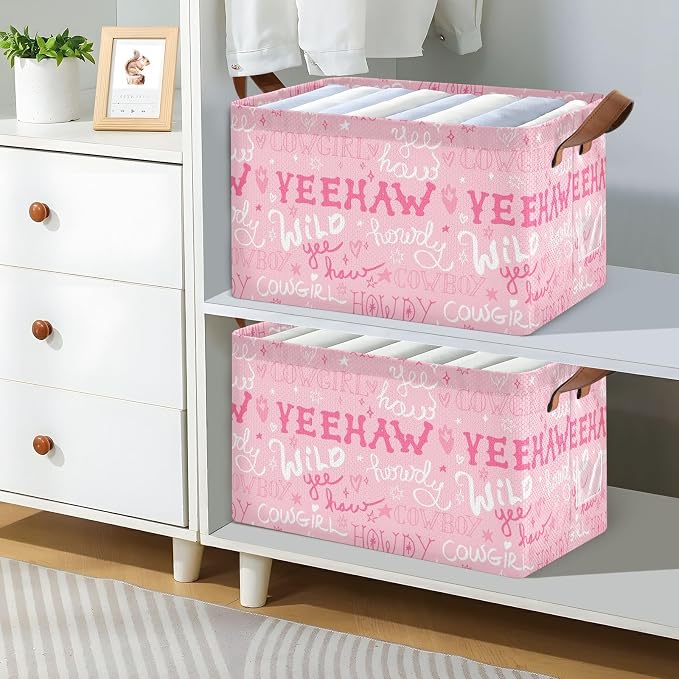 Howdy Cowgirl Quoted Pink Western Storage Basket Foldable Cube Storage Bins with Handles&Labels Waterproof Collapsible Organizer Box Bin Large Rectangle Decorative Baskets for Shelves Home Living Room