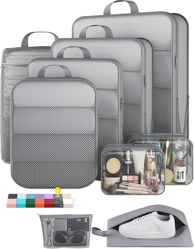 Veken 9/11 Set Compression Packing Cubes Garment Bags for Travel Essentials,Compressible Expandable Luggage Organizer Bags for Clothing,Space Saver Bags with Over 1000 pcs of Mesh Holes(Gray)