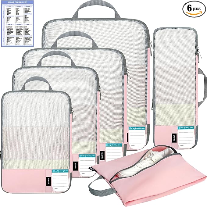 BAGAIL Lightweight Compression Packing Cubes for Travel, 6 Set, Pink | Salis Nylon Fabric,Anti-Tearing,Save Space,SBS Zippers,Packing List,PVC Tag Pocket,Custom Labels,Visible Mesh,Portable Handel